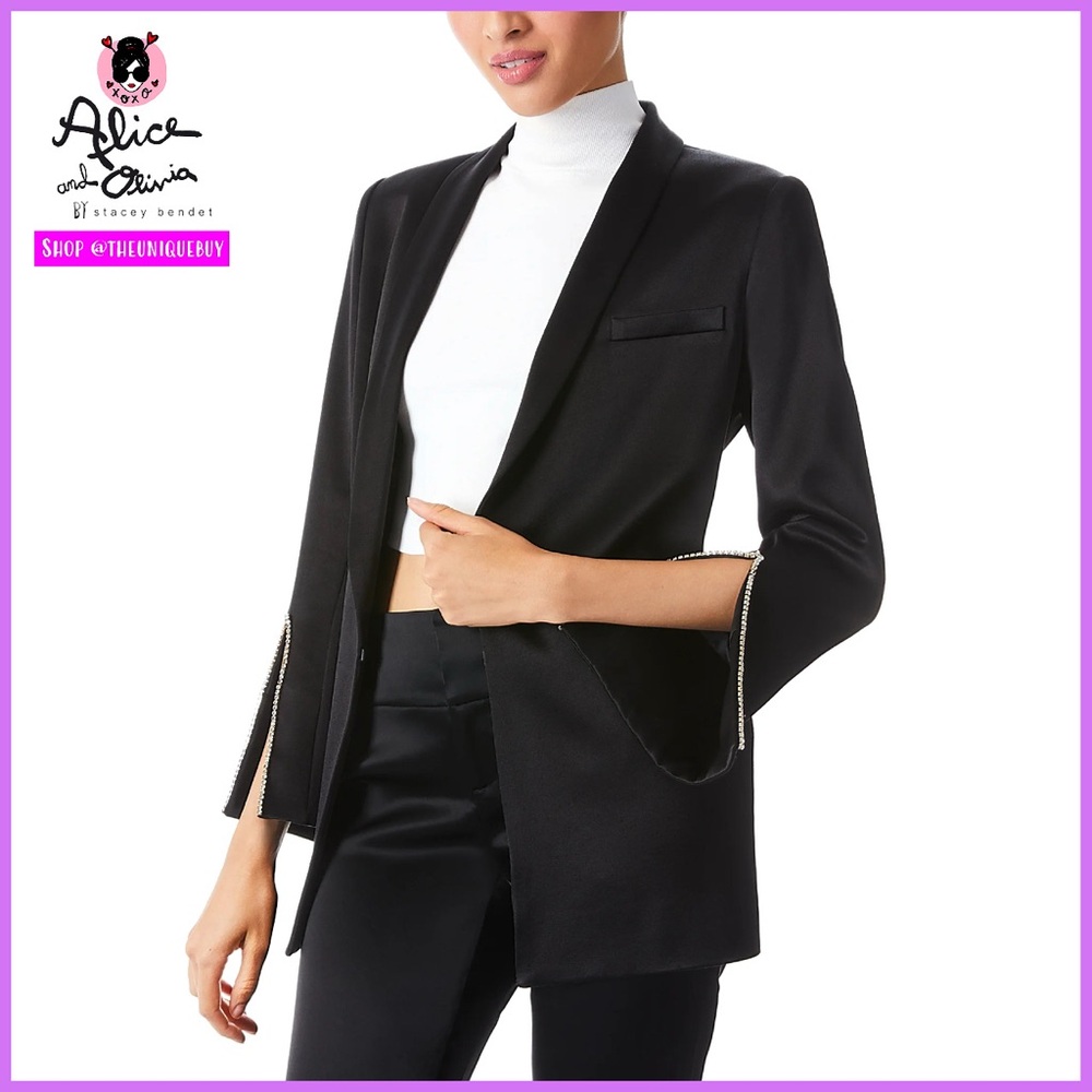 Alice + Olivia Jace Black Satin Crystal Embellished Shawl Collar Blazer Jacket